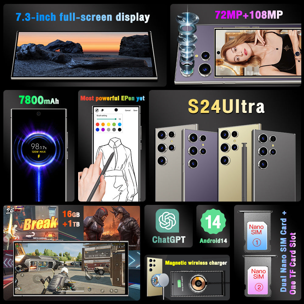Mobile Phone S24Ultra 7.3incell Notch Screen16+1T Smart All-in-One Device(Popular)