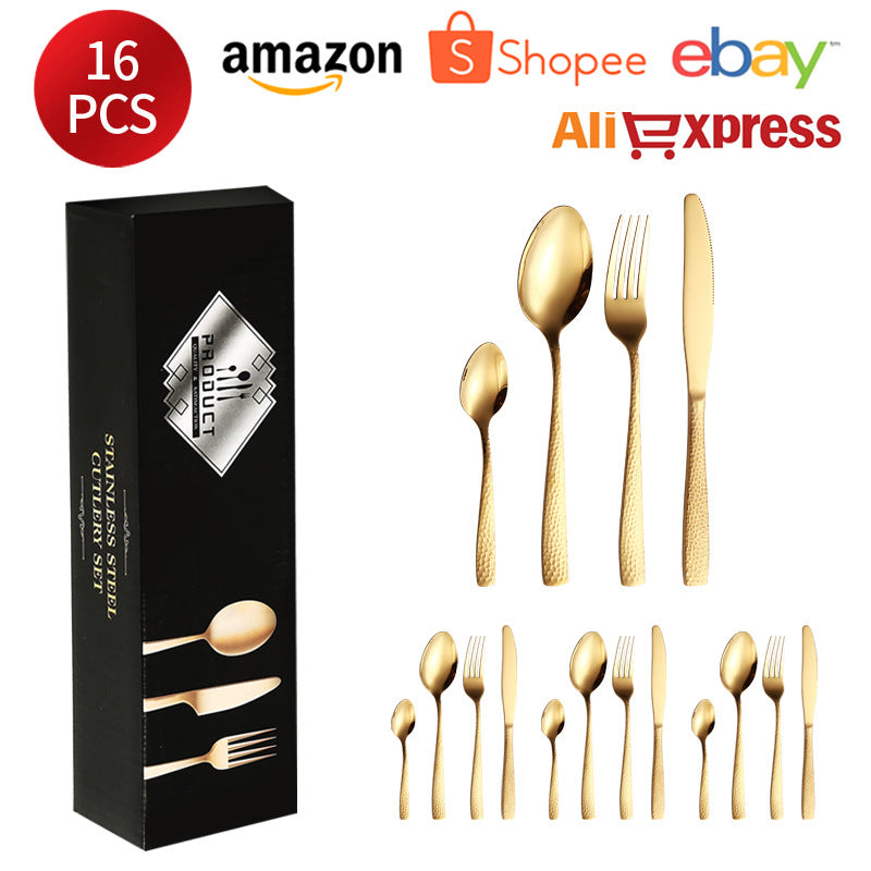 410Stainless Steel Cutlery Restaurant Western Hammered Square Handle Knife Fork Spoon Set Hotel Home Steak Knife Fork