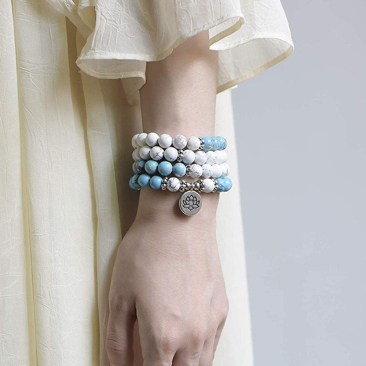 Men's Emperor Stone Bracelet108Series Elastic Cord Natural Stone Beads Lotus Buddha Pendant White Turquoise Long Bracelet