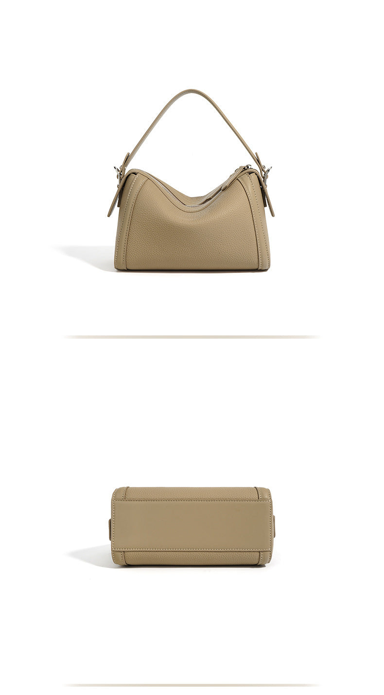 New Top Layer Cowhide Boston Bag Fashion Women's Bag Simple Texture Cowhide Shoulder Crossbody Bag Niche Design Sense