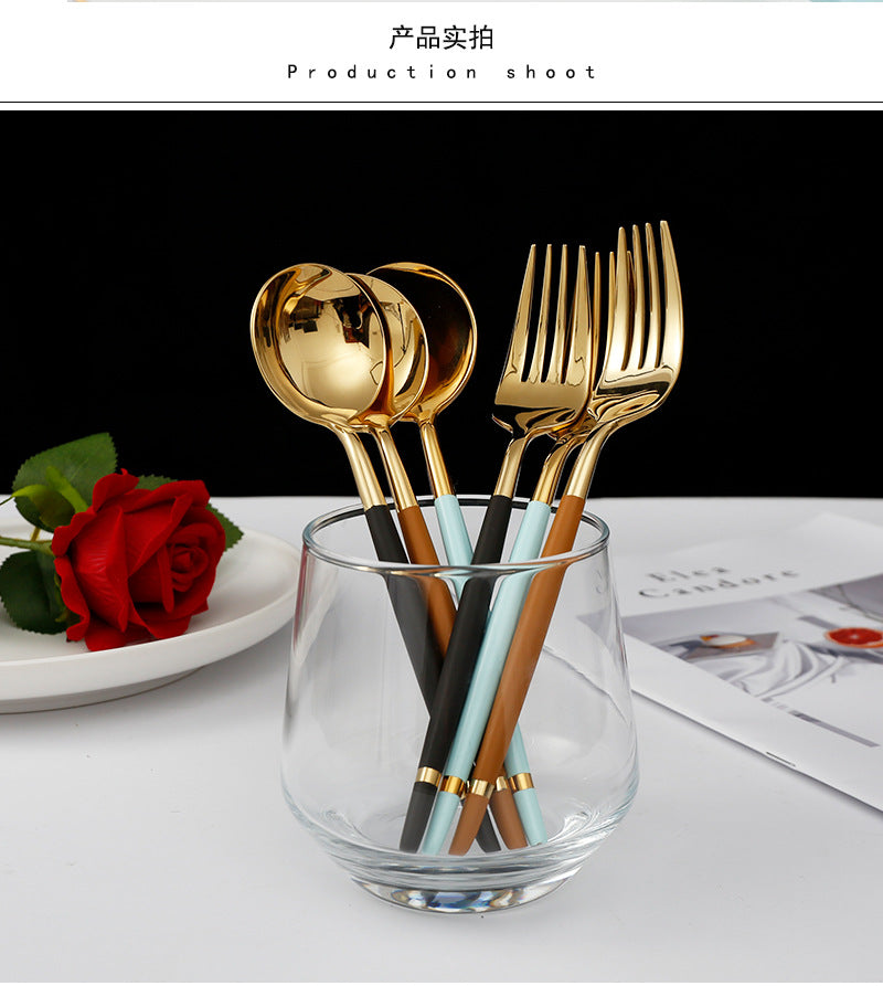 304Stainless Steel Portuguese Tableware Creative Lathe Craft Glossy Mirror Black Gold Round Spoon Dessert Spoon Fork