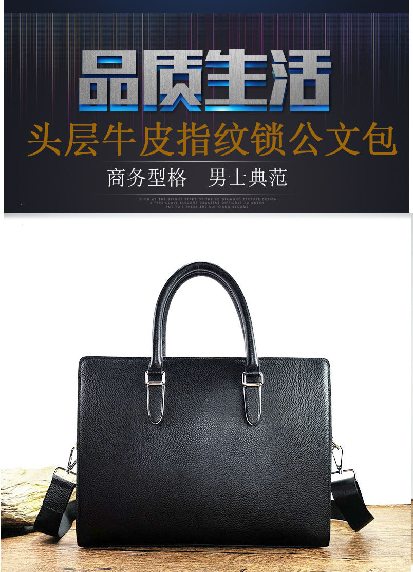 Business Trip Fingerprint Lock Handbag Men's Top Layer Cowhide Large Capacity High-end Feel Men's Business Commuting Genuine Leather Briefcase