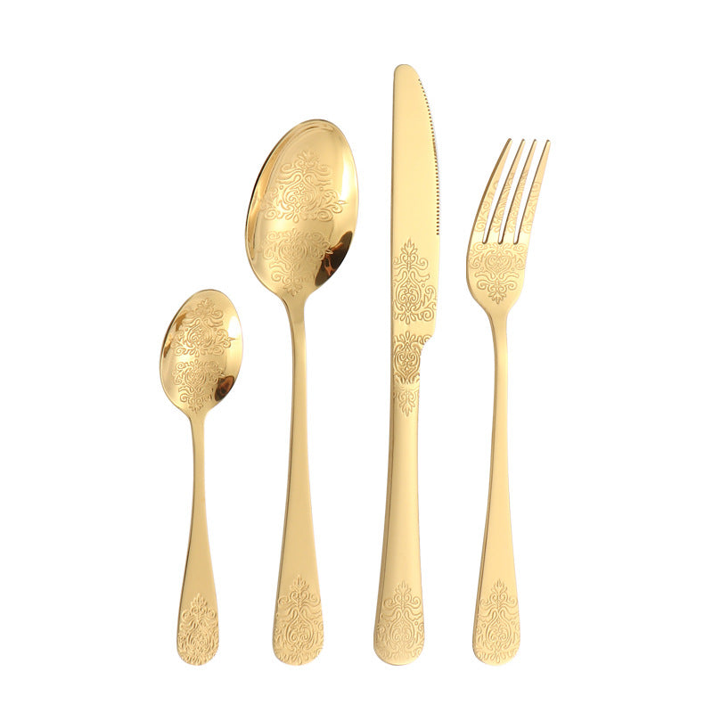 Stainless Steel Cutlery Set1010Double Flower Relief Knife, Fork, and Spoon24Set of Western Steak Knives and Forks
