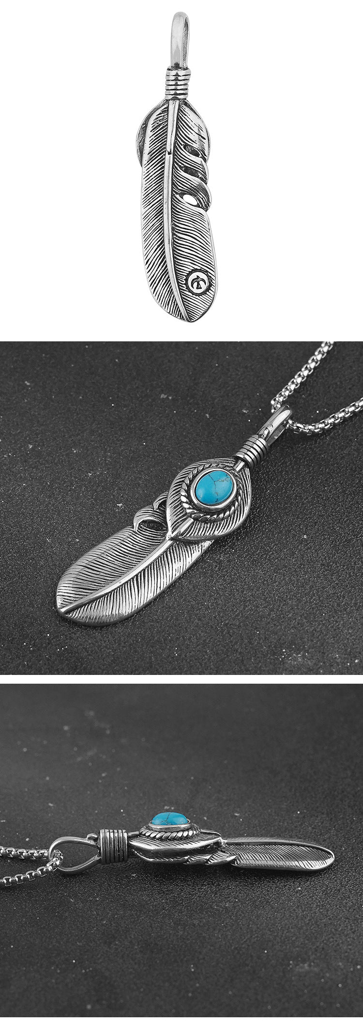 New Takahashi Goro Feather Stainless Steel Men's Necklace Vintage Inlaid Turquoise Titanium Steel Pendant Direct Manufacturer