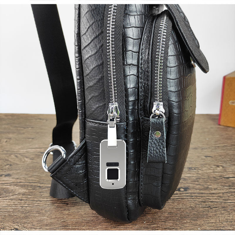 Fingerprint Lock Bag Men's Travel Sports Crossbody Bag Top Layer Cowhide Crocodile Pattern Security Password Lock Genuine Leather Chest Bag
