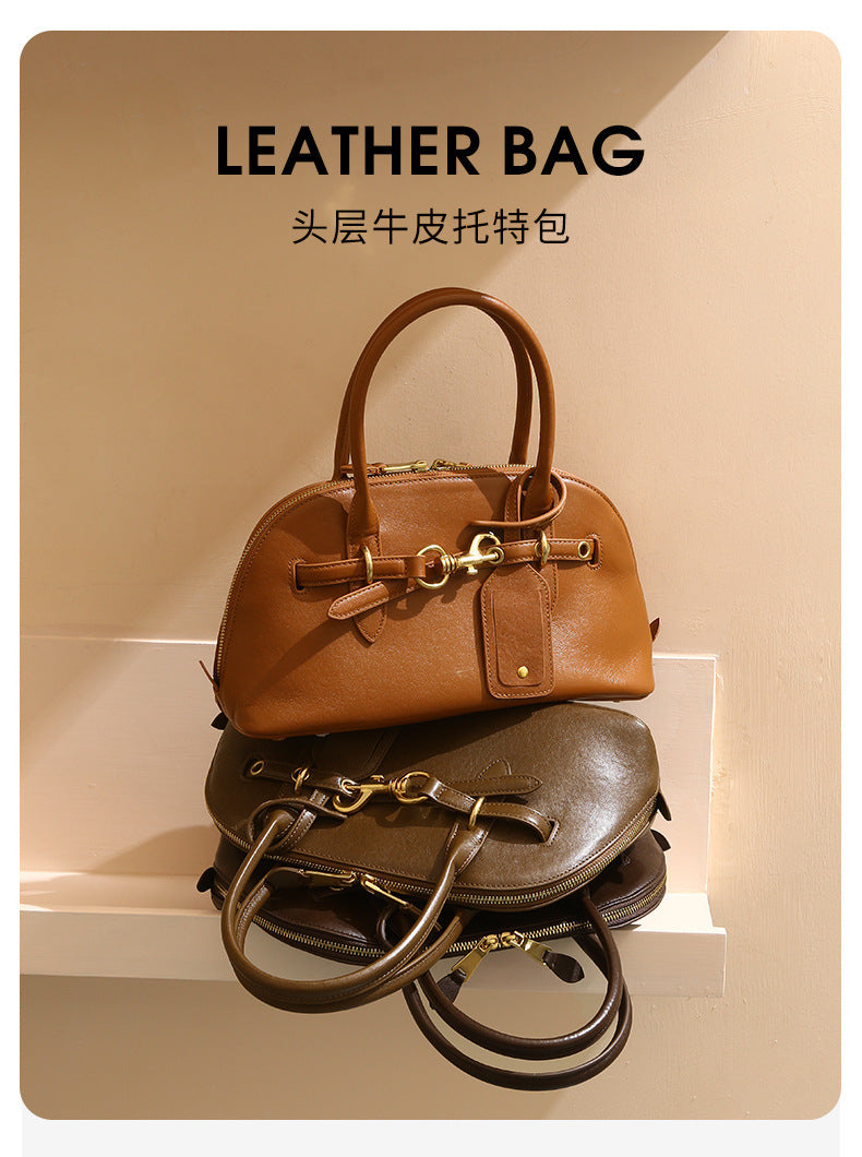 Miaojia Same Style European and American Retro Handbag Female Sense Top Layer Cowhide Crossbody Shell Bag Niche Boston Bag