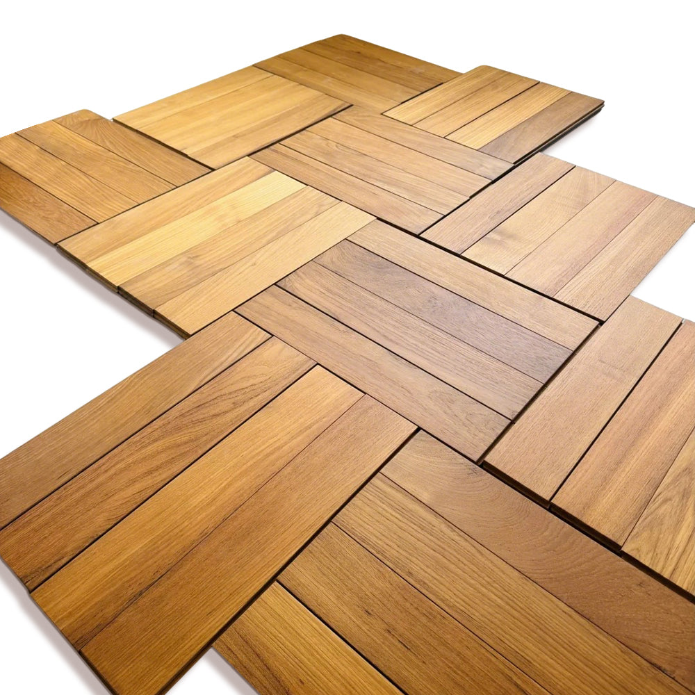 Custom AB-Grade Teak Herringbone Click-Lock Flooring Multilayer Engineered Core for Outdoor Exterior Basement Use-ENF-Certified