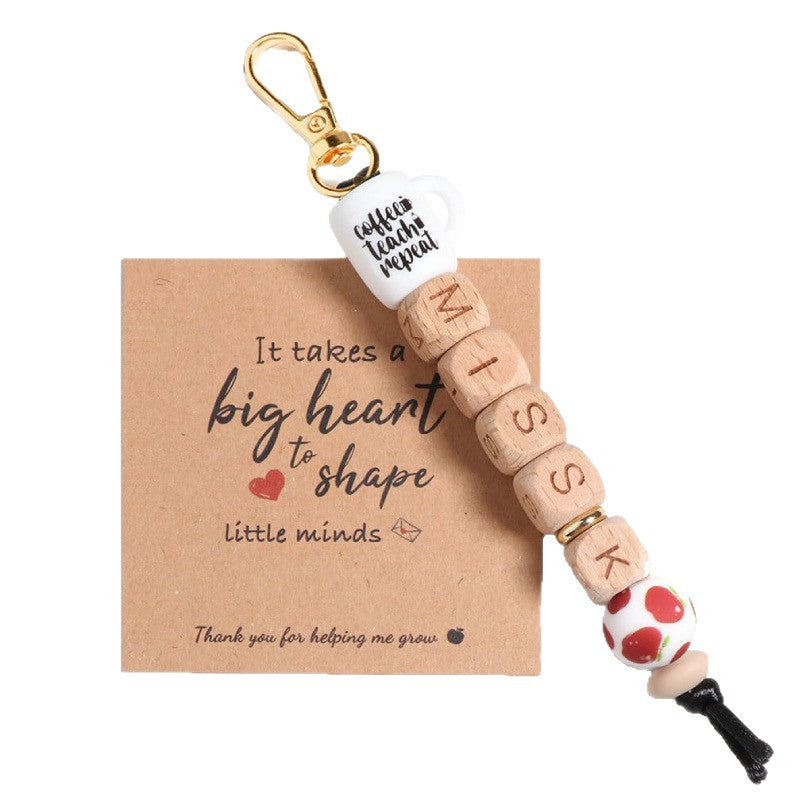 Teacher Appreciation Water Bottle Pendant Thank You Teacher Apple Ornament MISS Letter Square Wooden Bead Keychain Jewelry Accessories