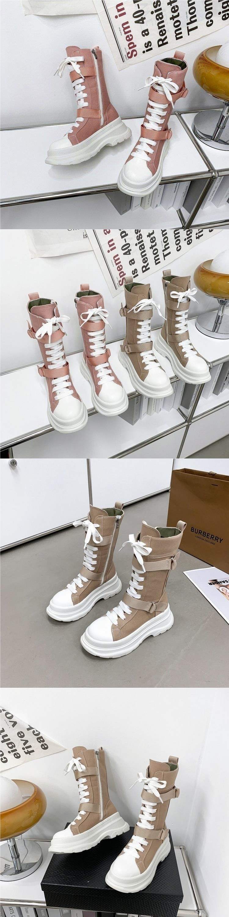2025Summer New Korean Style High-Top Canvas Martin Boots High Heel Round Toe Non-Slip Height Increasing Trend Korean Style Solid Color Series