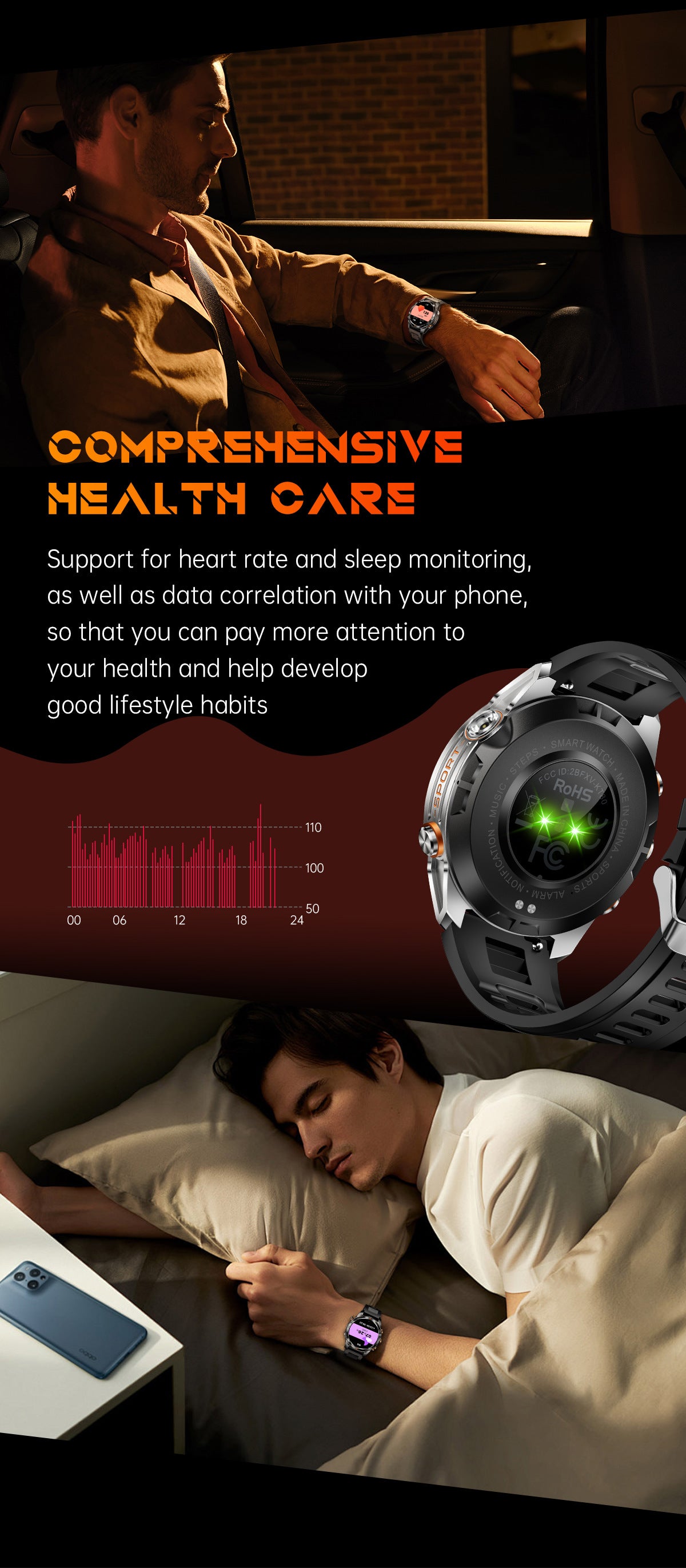 KT80Smart Watch Bluetooth Call True Heart Rate Step Sleep Monitoring IP68Deep Waterproof Flashlight Three-Proof