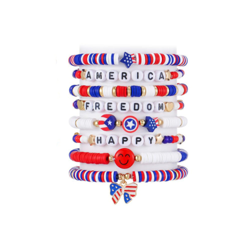 Alphabet Soft Clay Bracelet Women's Gift Freedom and Happiness Red White Blue Eight-piece Set European and American Independence Day Soft Clay Bracelet