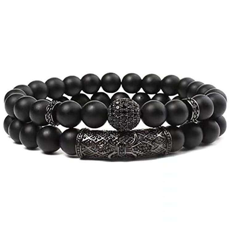 Men's Black Matte Bracelet Set with Micro Pave Zirconia Spacers8mm Beaded Bent Tube Turquoise Lapis Lazuli Double Row Bracelet