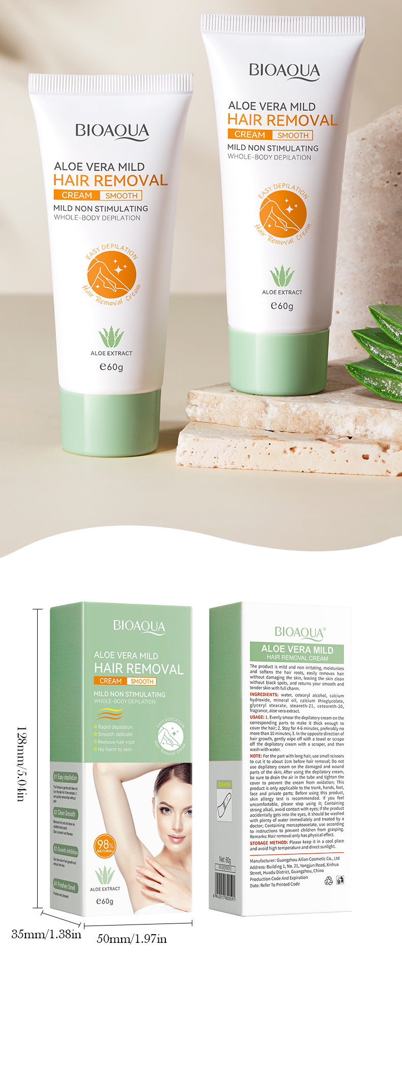 Aloe Vera Hair Removal Cream60g BIOAOUA Hair Removal Non-Irritating  Wholesale
