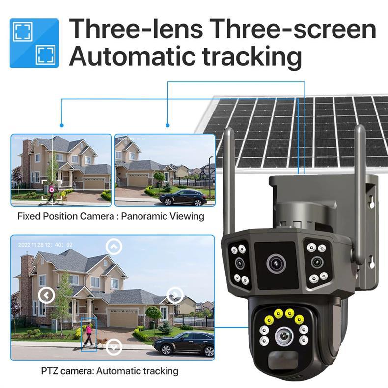 Outdoor Three-Screen Solar Camera No Electricity No Network Remote HD Night Vision Orchard Monitor Home Surveillance