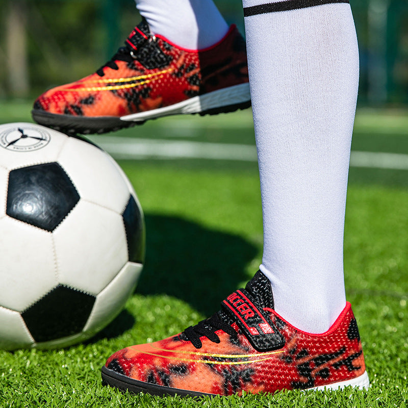 New Football Shoes for Men and Women, Children's Low-top Anti-collision Spike Magic Tape No-tie Grass Training Sports Shoes