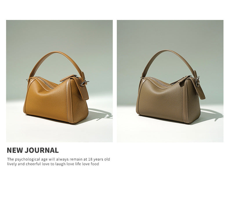 New Top Layer Cowhide Boston Bag Fashion Women's Bag Simple Texture Cowhide Shoulder Crossbody Bag Niche Design Sense