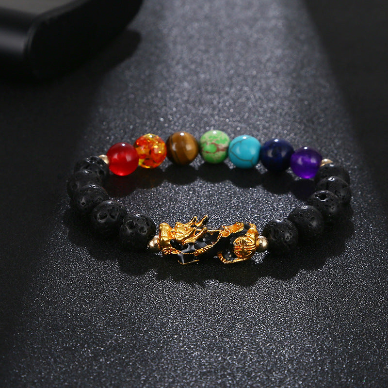 Imitation Obsidian silver Pixiu Bracelet for Women, Wealth-Attracting and Blessing Multi-Gem Bracelet with Six-Word Mantra Buddhist Beads Pixiu Bracelet
