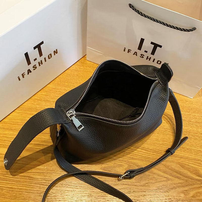 Women's Genuine Leather Bag2025New Style Lunch Box Bento Boston Bag Top Layer Cowhide Crossbody Niche Single Shoulder Crossbody