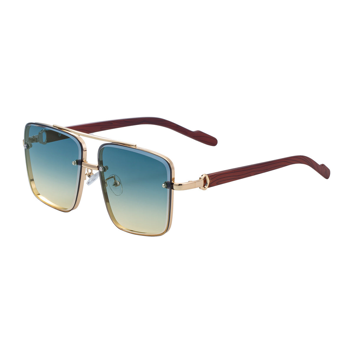European and American Style Square Frame Cut Edge Sunglasses for Men with Imitation Wood Grain Temples, Men's Trendy Wholesale sunglass