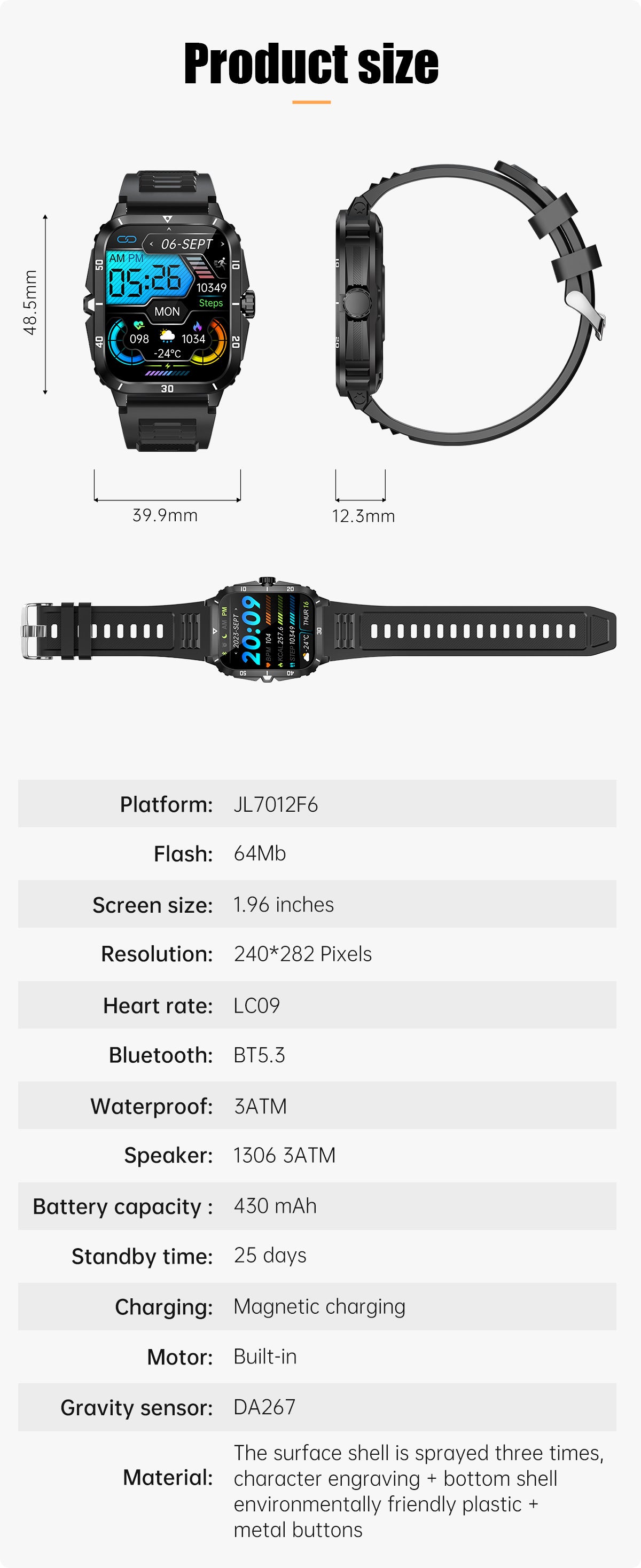 KT71Smart Watch Bluetooth Call True Heart Rate Step Sleep Monitoring3ATM Deep Waterproof Sports Tri-Proof