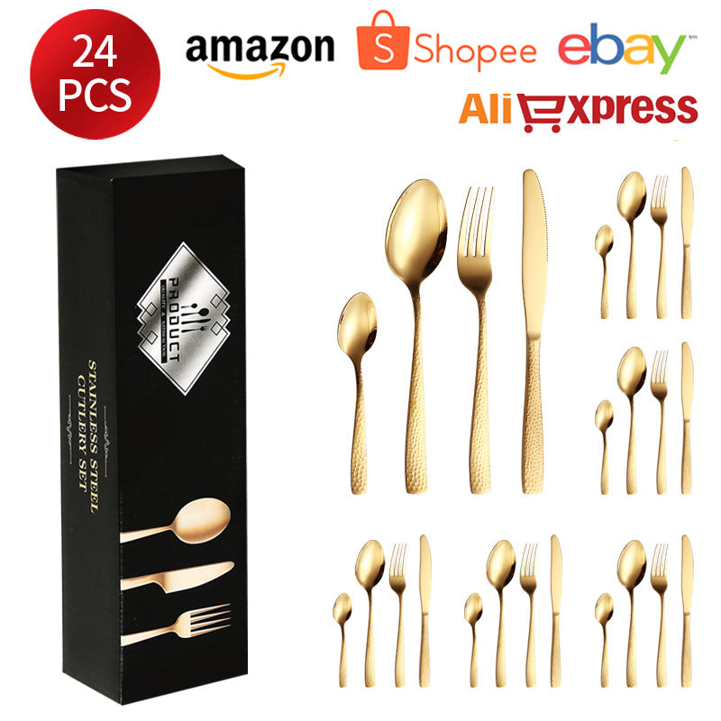 410Stainless Steel Cutlery Restaurant Western Hammered Square Handle Knife Fork Spoon Set Hotel Home Steak Knife Fork