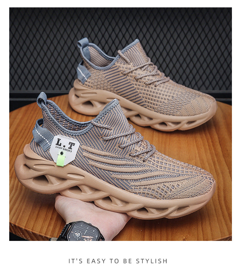 2025Men's Summer New Running Mesh Breathable Shock Absorption Sports Shoes Versatile Flyknit Large Size Mesh Casual Shoes