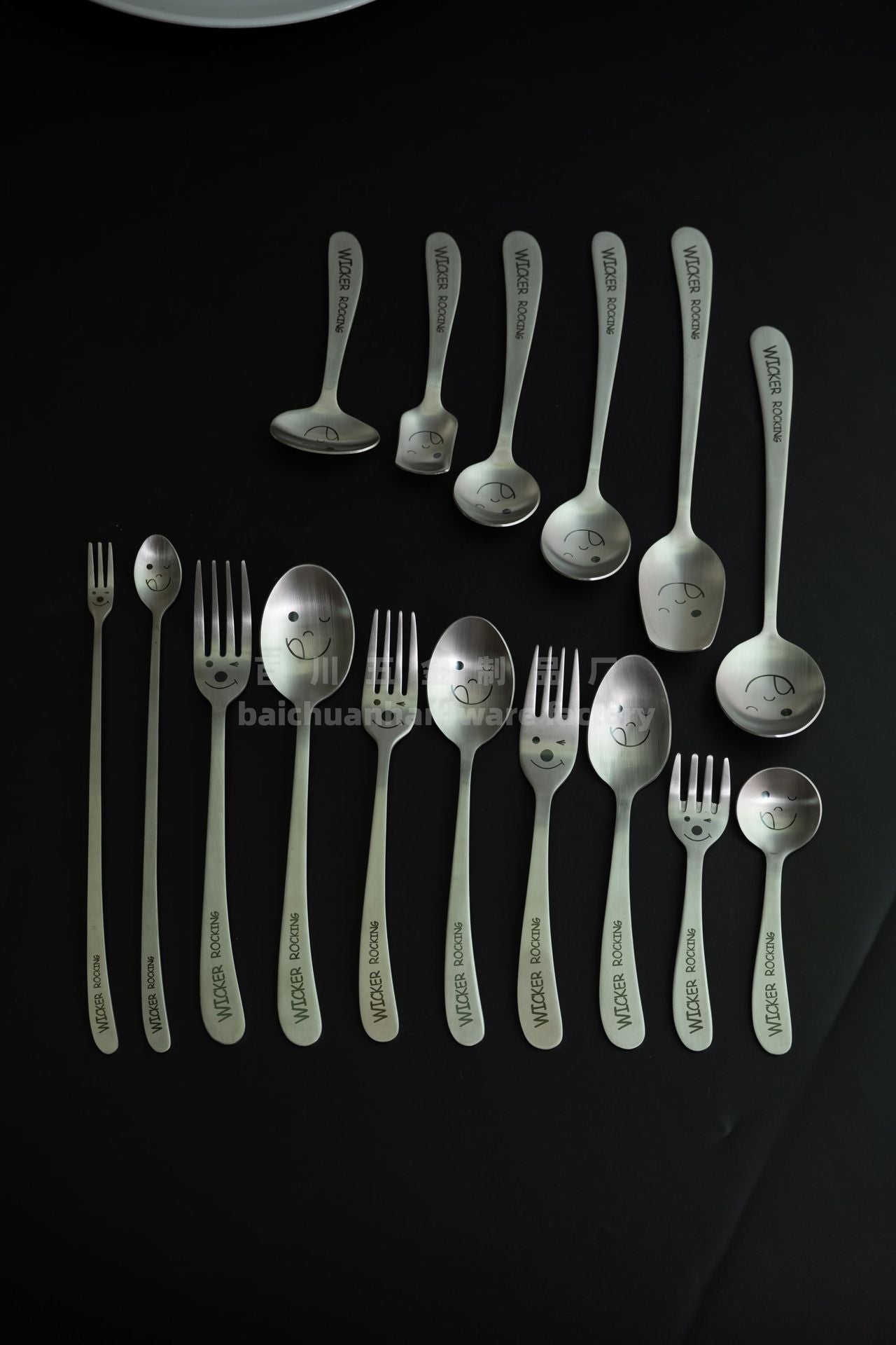 304Stainless Steel Creative Smiley Face Slanted Handle Laser Spoon Chopsticks Fork Student Tableware Full Set Gift Children's Tableware