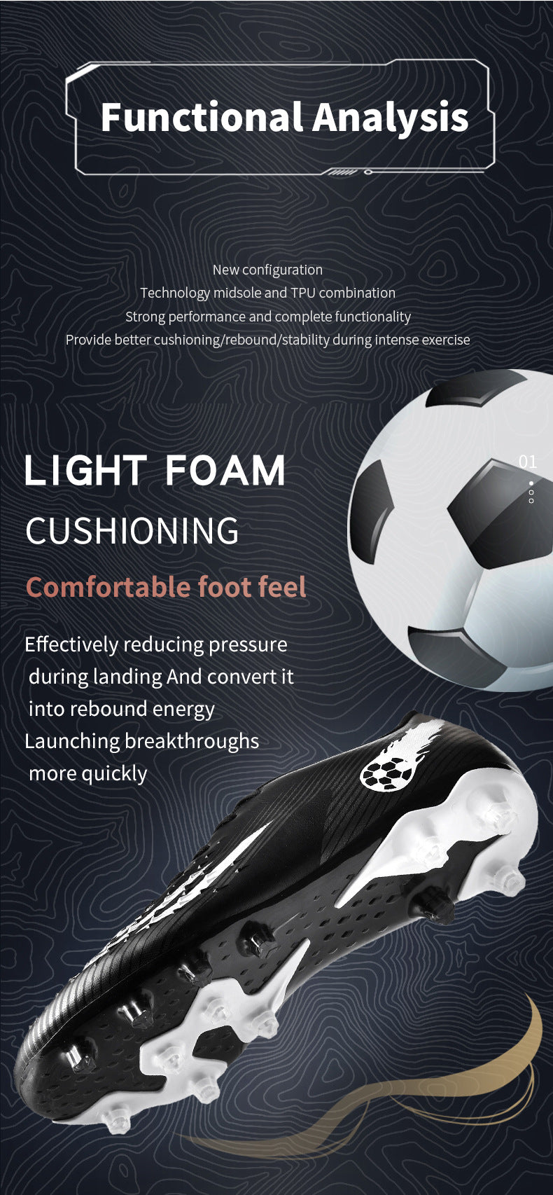Gold-Plated Sole Men's Football Shoes with Studded Spikes AG Long Spike Shoes for Older Children, Middle and High School Students, Adults, Competition Training Sports Shoes