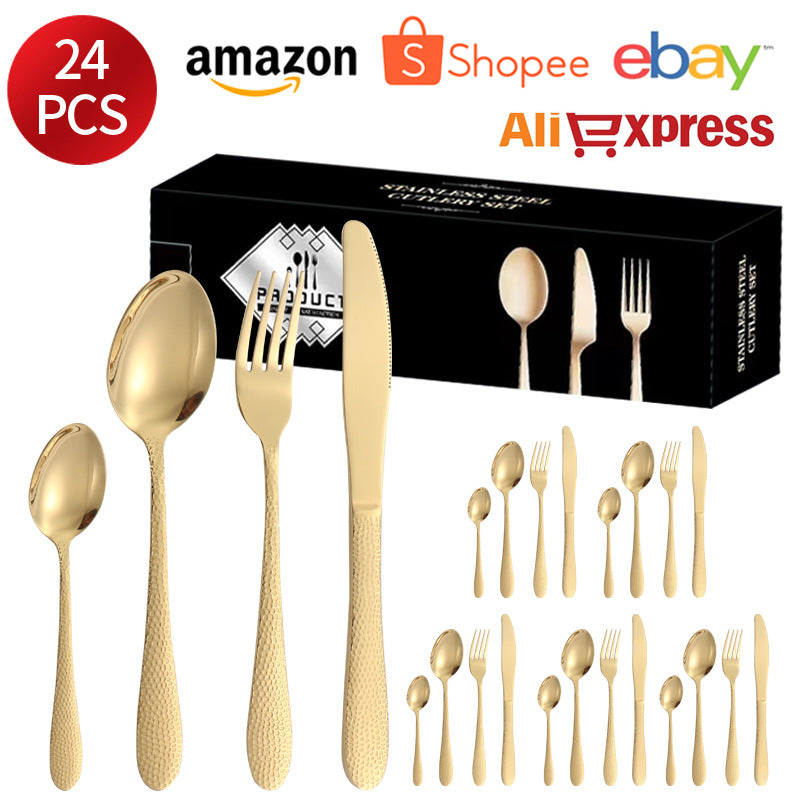 410Stainless Steel Tableware Hotel Restaurant Hammered Knife Fork Spoon24Set of Western Steak Knives and Forks