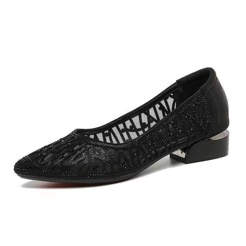 Women's Rhinestone Soft Leather Sandals2025Summer New Flat Hollow Mesh Shoes Shallow Mouth Mesh Single Shoes for Women