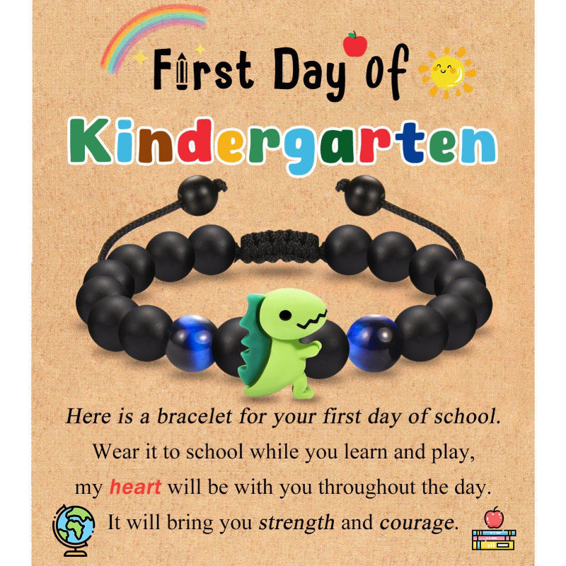 Black Matte Woven Bracelet with Tiger Eye Stone8mm Beaded Children's Back-to-School Season Bracelet Card Little Dinosaur Woven Bracelet