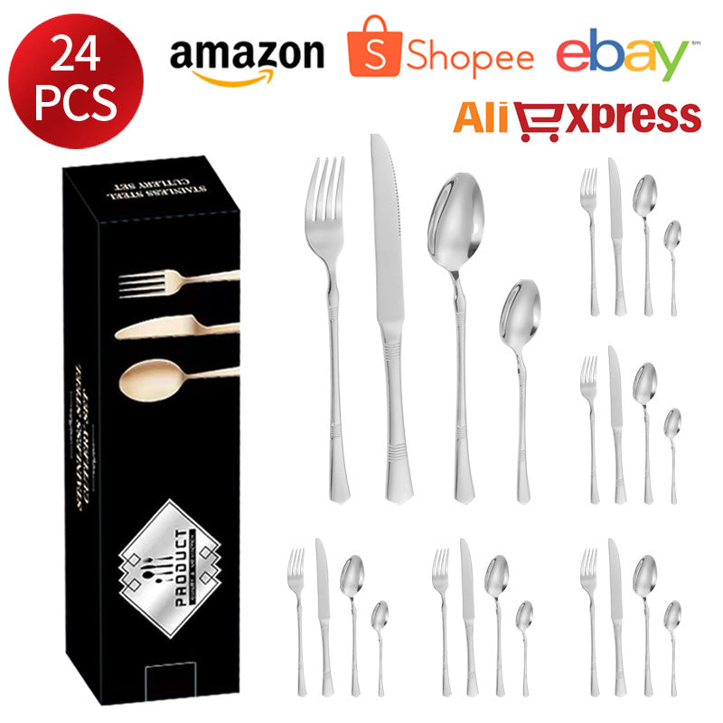 Stainless Steel Cutlery Western Steak Knife and Fork6Restaurant Crown Knife, Fork, and Spoon for One Person24Piece Suit