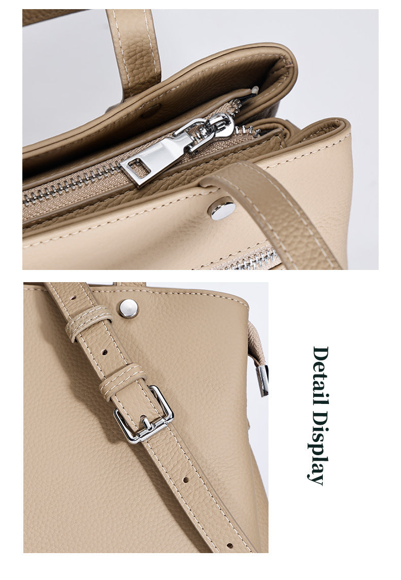 Genuine Leather Tote Bag Top Layer Cowhide High-End Feel Women's Handbag Crossbody Garden Bag Commuter Large Capacity Bucket Bag