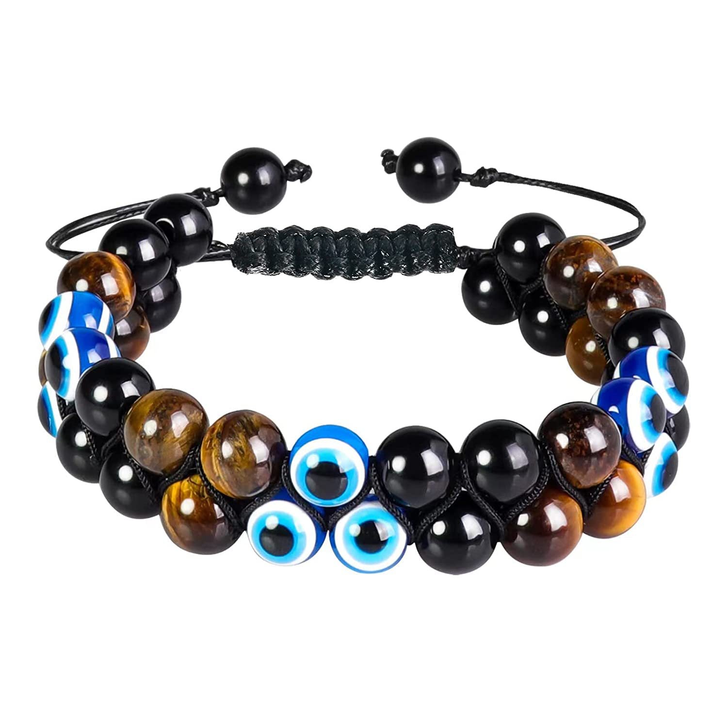 Tiger Eye Stone Woven Double Layer Bracelet Natural Stone Adjustable Stretch Bracelet Volcanic Tiger Eye Double Row Woven Bracelet