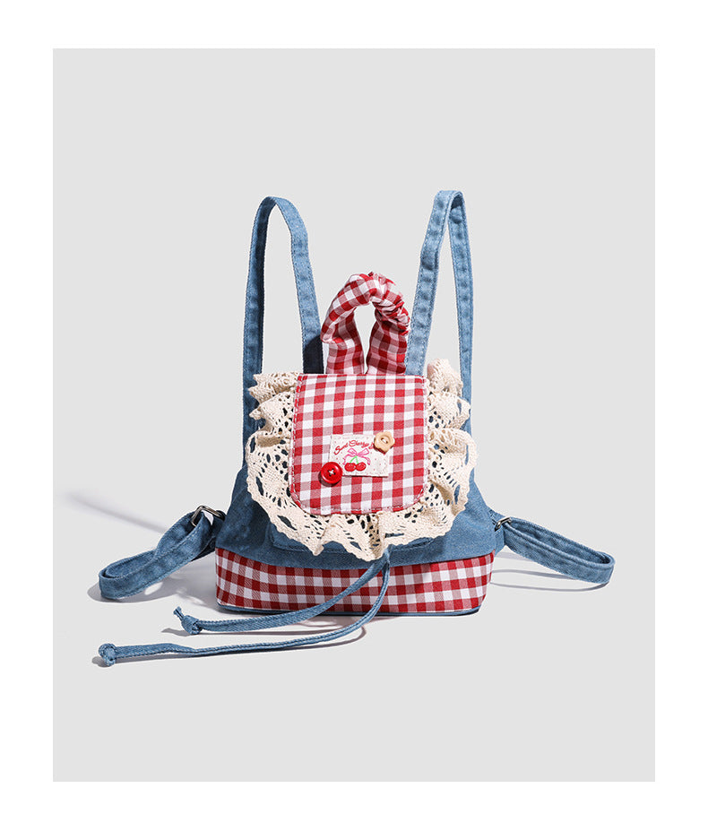 Lace trim denim backpack for women2025New Trendy Fashion Plaid Lace Backpack Handbag Shoulder Bag