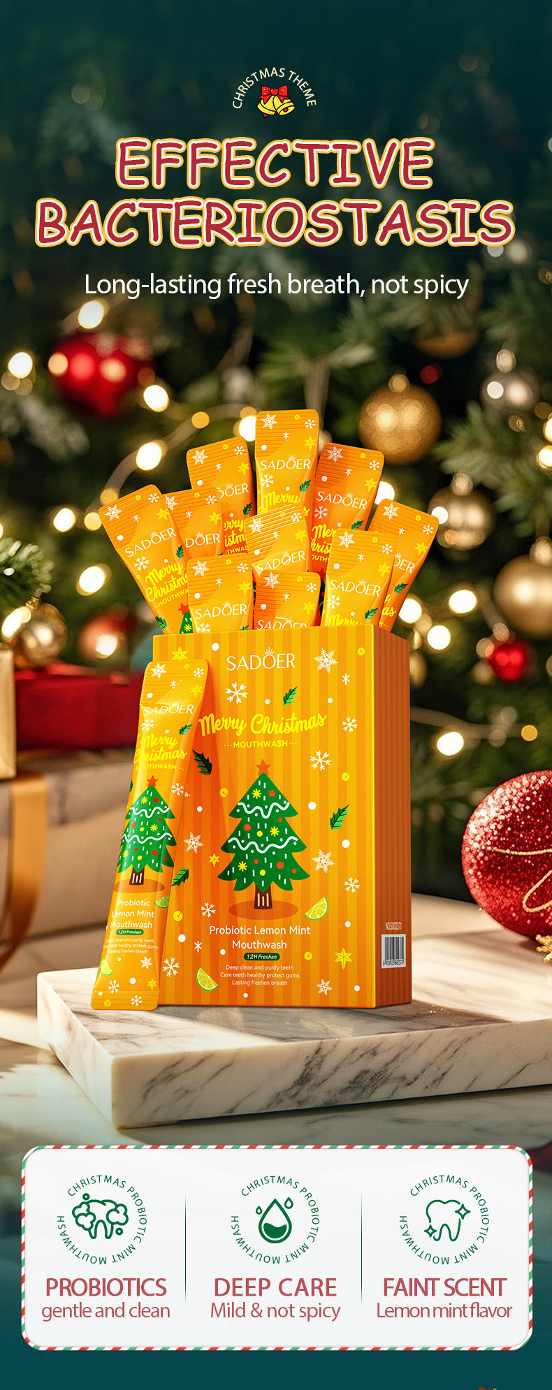 Christmas Probiotic Mouthwash SADOER Green Lemon Mint Oral Cleanser  Wholesale