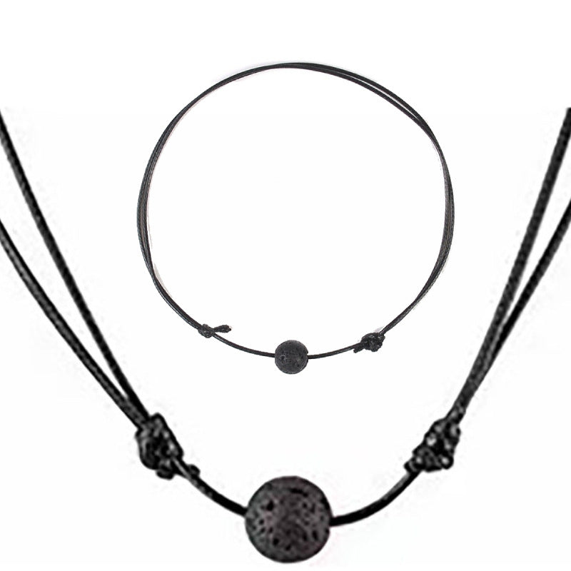 Men's Wax Thread Braided Necklace Stretchable Minimalist Niche Jewelry Set Clavicle Chain Volcanic Stone Braided Necklace