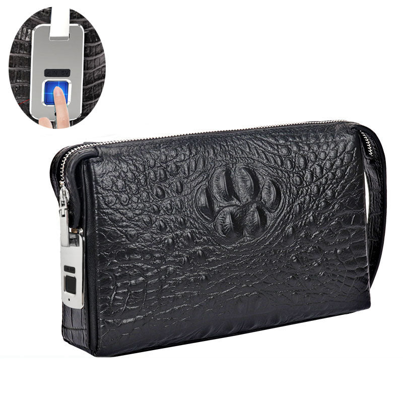 Fingerprint Lock Bag Business Commuting Men's Handbag Top Layer Cowhide Crocodile Large Capacity Multi-Card Slots Clutch