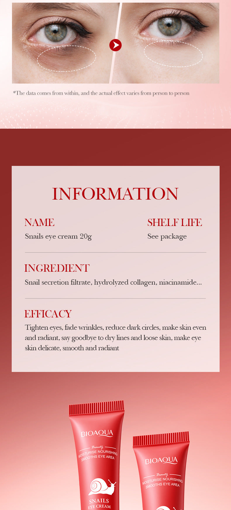 Snail Moisturizing Eye Cream BIOAOUA Hydrating and Moisturizing Eye Cream for Cross-Border Wholesale