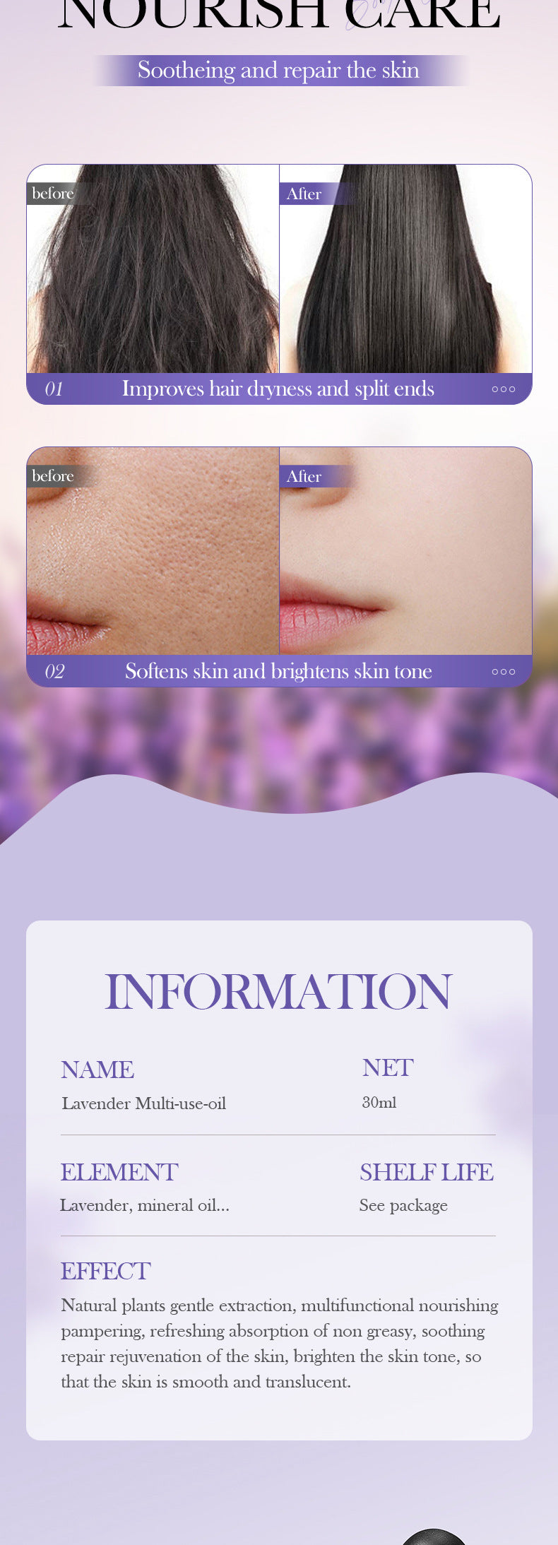 Cross-border Lavender Dried Flower Massage Oil30ml Moisturizing and rejuvenating skin body oil wholesale from foreign trade manufacturer