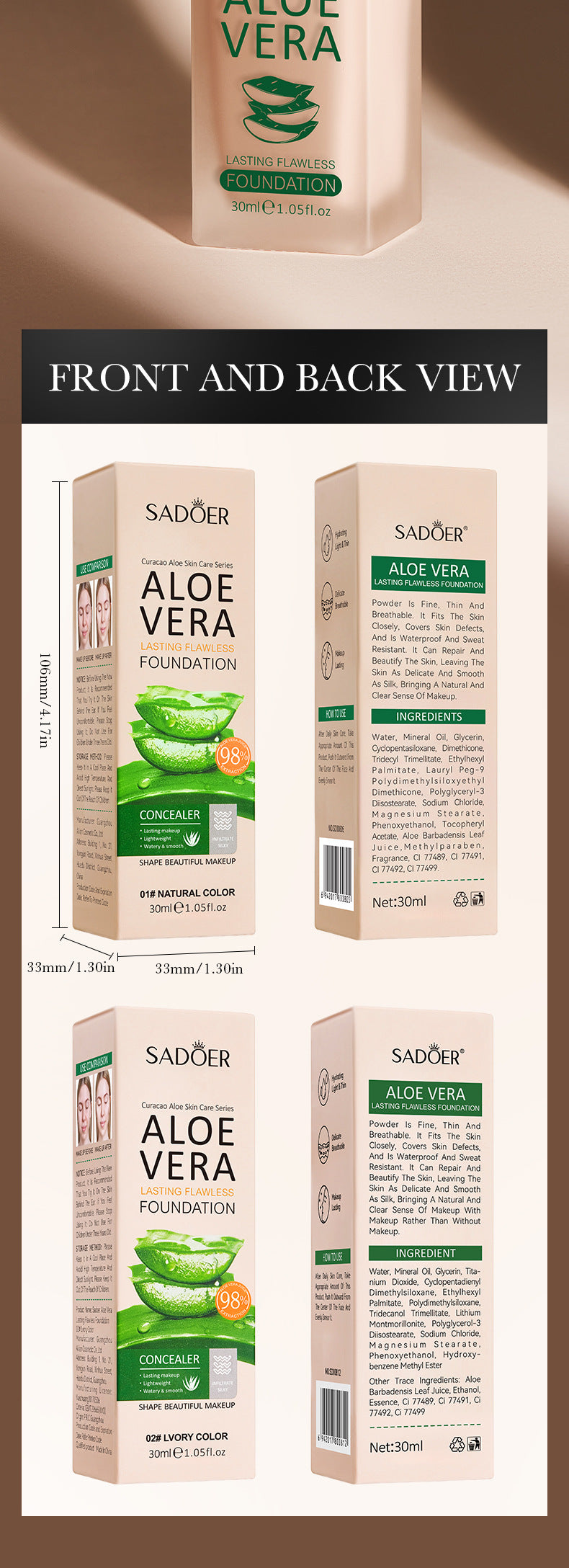 Makeup SADOER Aloe Vera Foundation Liquid Long-lasting Clear Concealer Non-cakey  Wholesale