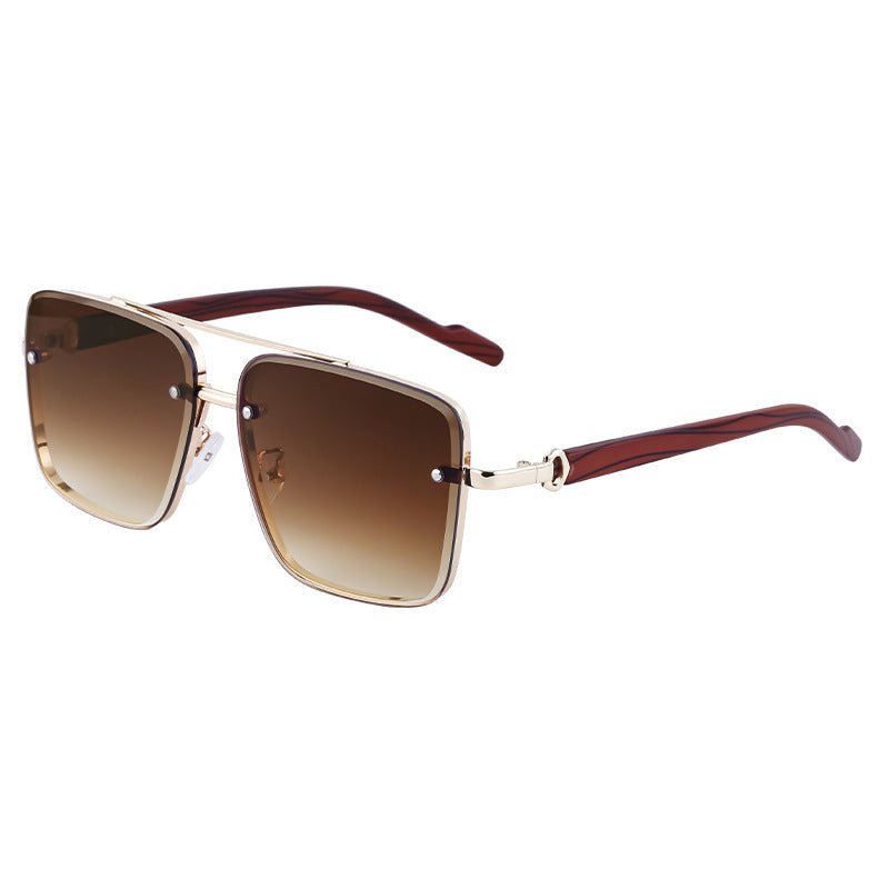 European and American Style Square Frame Cut Edge Sunglasses for Men with Imitation Wood Grain Temples, Men's Trendy Wholesale sunglass