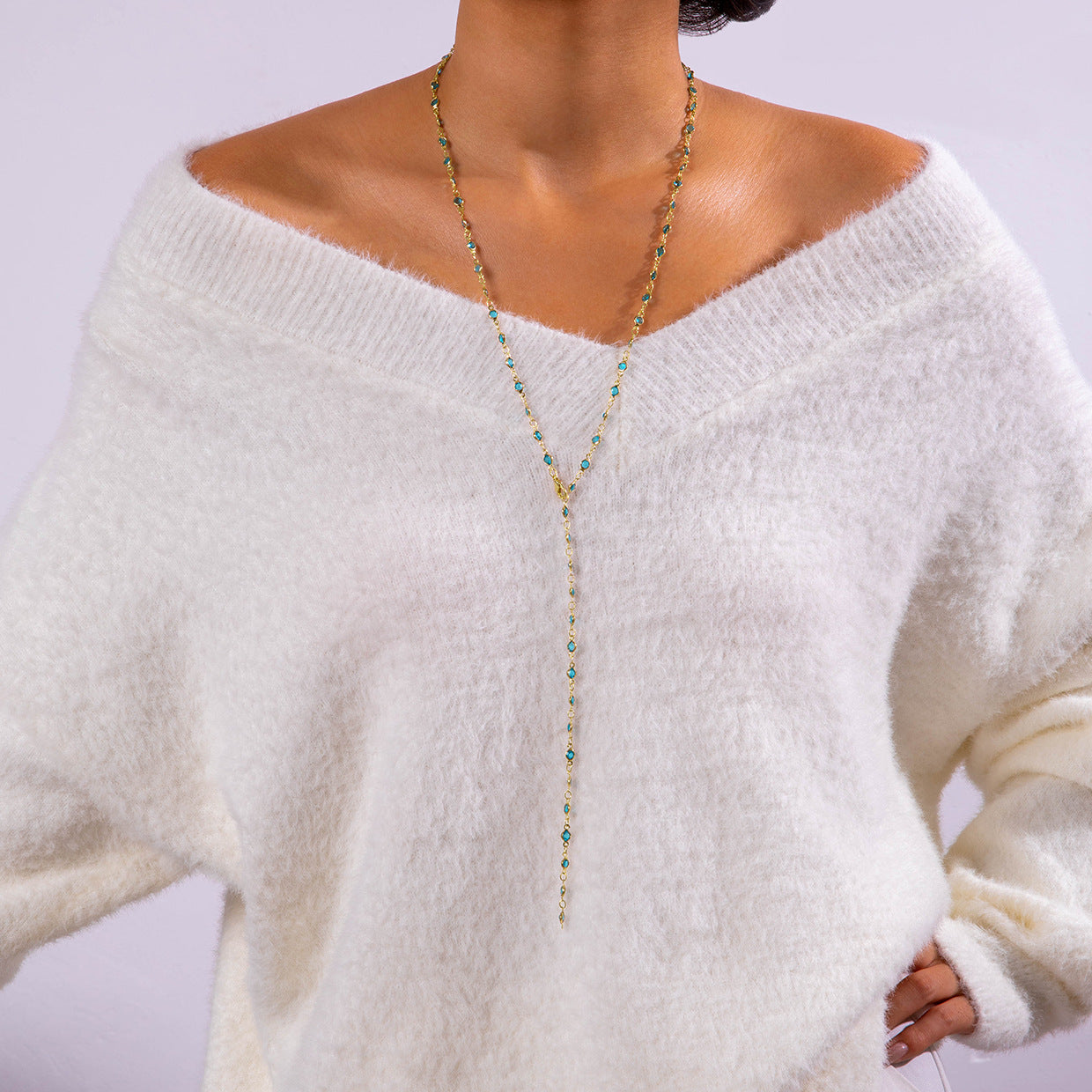 Simple Colorful Beaded Tassel y Chain Necklace Elegant Versatile Diamond-Studded Sweater Chain Jewelry