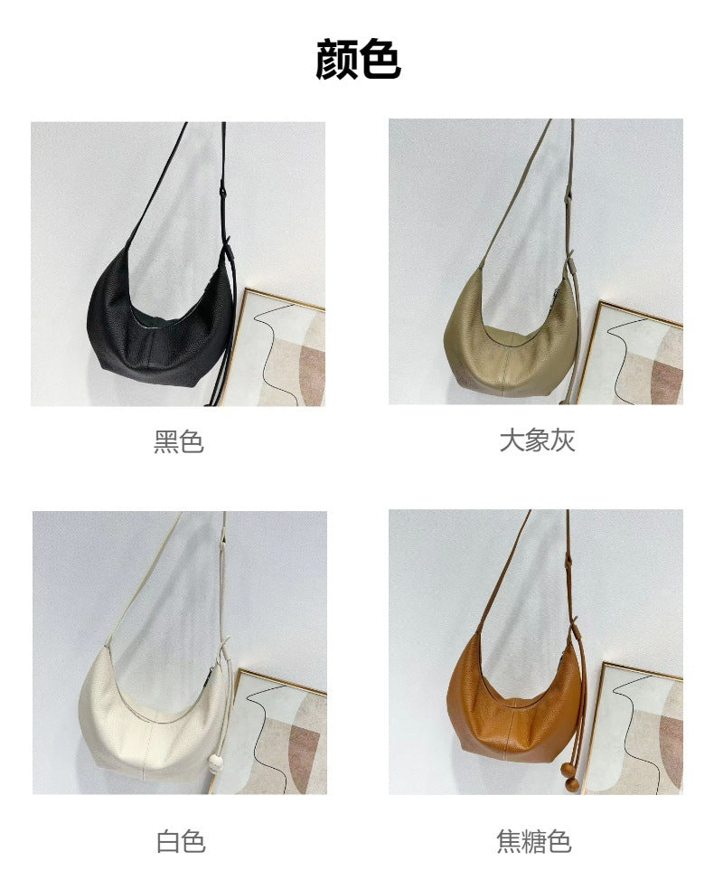 New Genuine Leather Underarm Bag Top Layer Cowhide Horn Dumpling Bag Simple Casual Versatile Single Shoulder Crossbody Bag