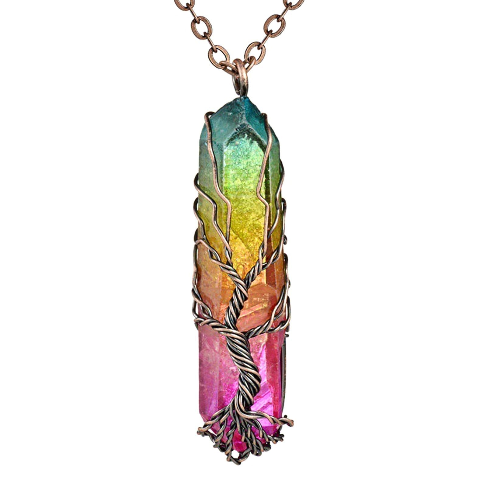Natural White Crystal Women's Necklace with Color Plated Hexagonal Column Life Tree Pendant Bronze Wire Wrapped Crystal Pendant Necklace