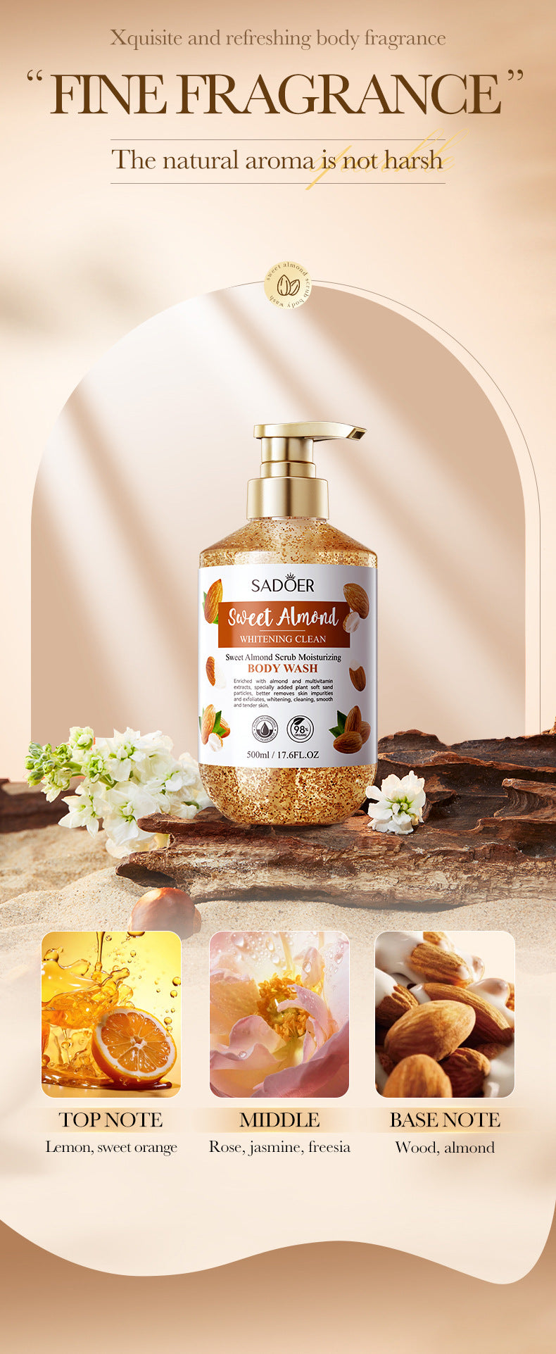 Sweet Almond Whitening Scrub Body Wash500ml SADOER  foreign trade wholesale of cleansing body wash
