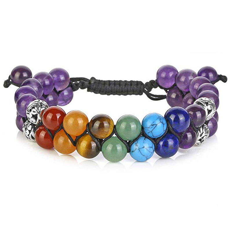 Men's Natural Stone Double Row Bracelet Woven Adjustable Bracelet Couple Colorful Volcanic Stone Woven Bracelet