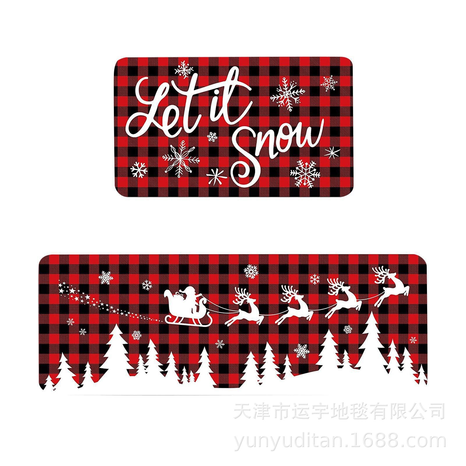 Christmas Kitchen Floor Mat Two-Piece Set Crystal Velvet Water-Absorbent Oil-Absorbent Non-Slip Foot Mat Holiday Decorative Floor Mat