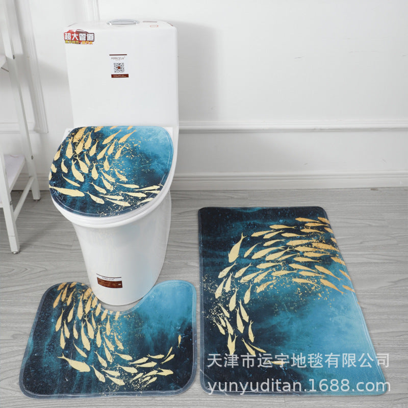 Coral Fleece Toilet Three-Piece Set Bathroom Mat Flannel Water Absorption Non-Slip Foot Mat Manufacturer Label