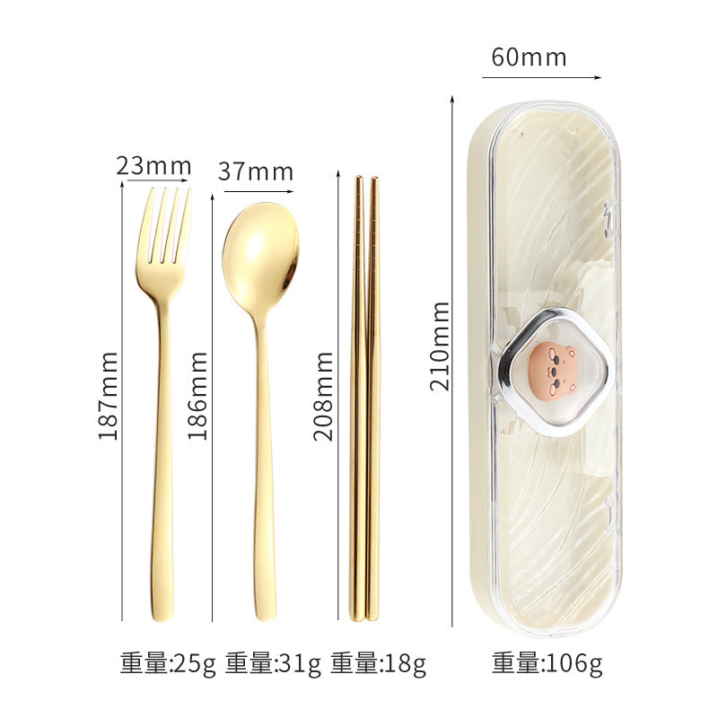 304Stainless Steel Tableware Student Cartoon Portable Tableware Set Work Outdoor Fork Spoon Chopsticks Three-piece Set